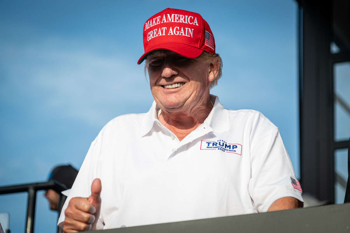 Former President Donald Trump is pictured during the LIV Golf Miami Tournament on April 7, 2024, in Doral, Florida.