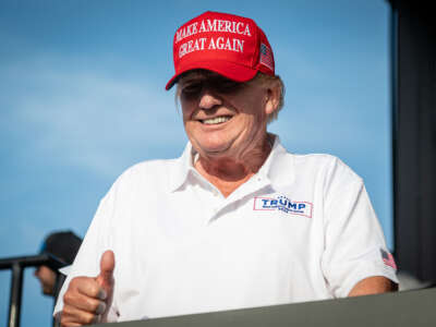 Former President Donald Trump is pictured during the LIV Golf Miami Tournament on April 7, 2024, in Doral, Florida.