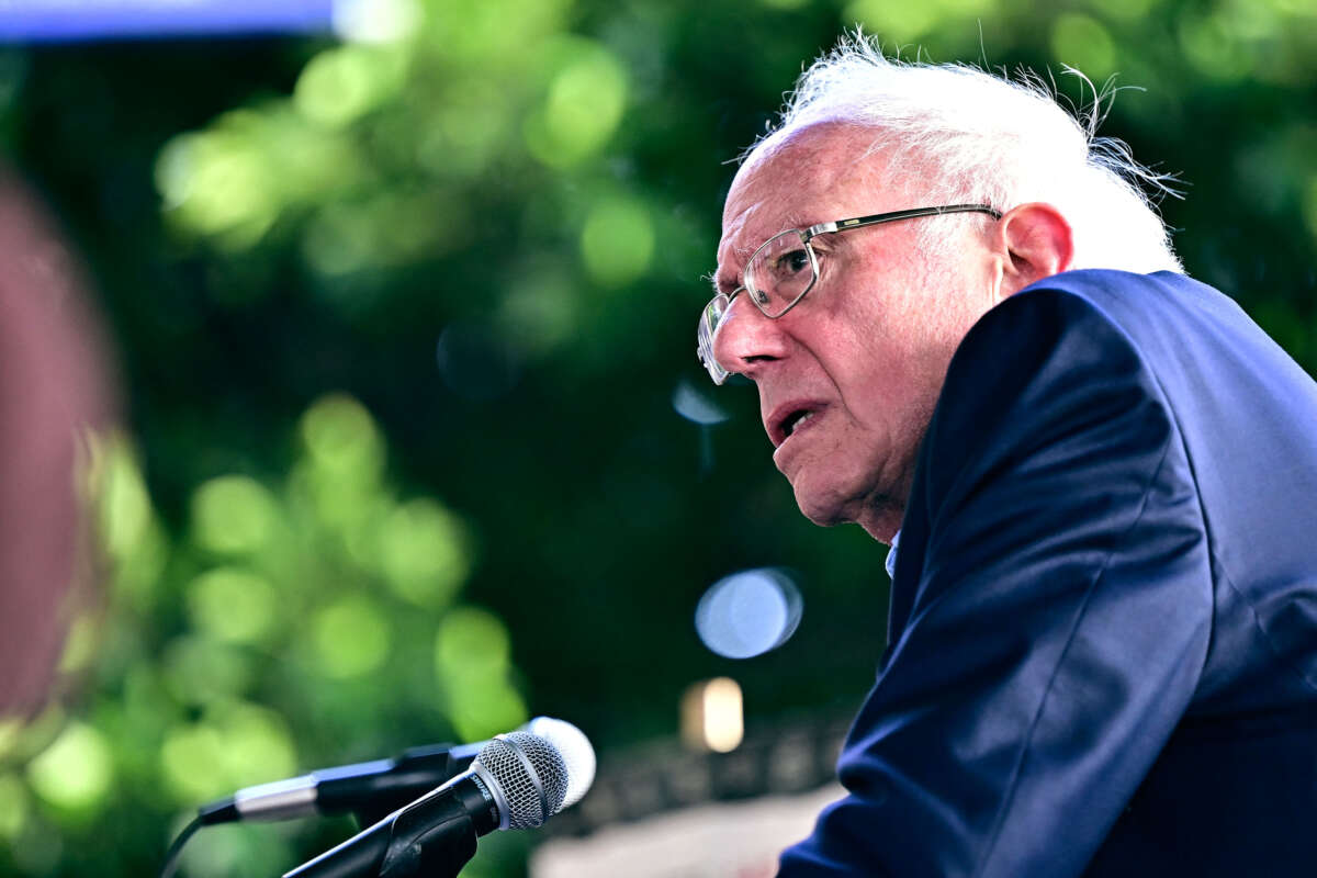 Sen. Bernie Sanders speaks as he joins the picket line and rallies with hospitality workers outside Hotel Figueroa in downtown Los Angeles on April 5, 2024.