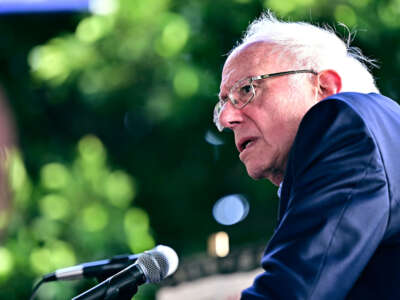 Sen. Bernie Sanders speaks as he joins the picket line and rallies with hospitality workers outside Hotel Figueroa in downtown Los Angeles on April 5, 2024.