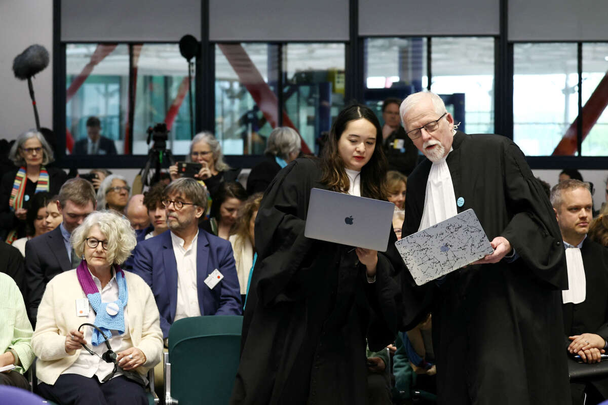 Representatives and lawyers of three climate change cases involving France, Portugal and Switzerland attend a hearing of the European Court of Human Rights to decide in three separate cases if states are doing enough in the face of global warming in rulings that could force them to do more, in Strasbourg, eastern France, on April 9, 2024.