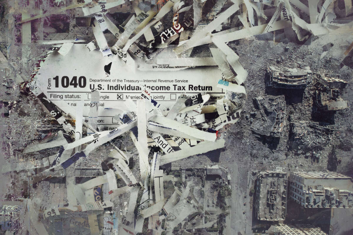 Photo collage of shredded paper and 1040 tax form amid rubble in Gaza