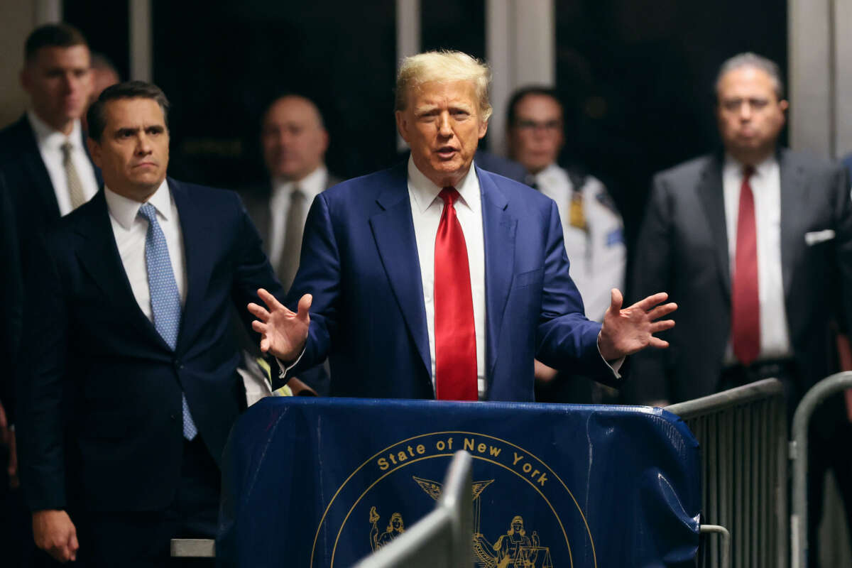 Former President Donald Trump speaks to the media during a pre-trial hearing at Criminal Court on March 25, 2024, in New York City.