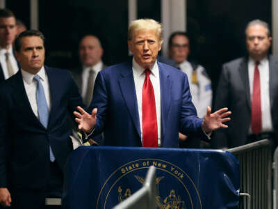 Former President Donald Trump speaks to the media during a pre-trial hearing at Criminal Court on March 25, 2024, in New York City.
