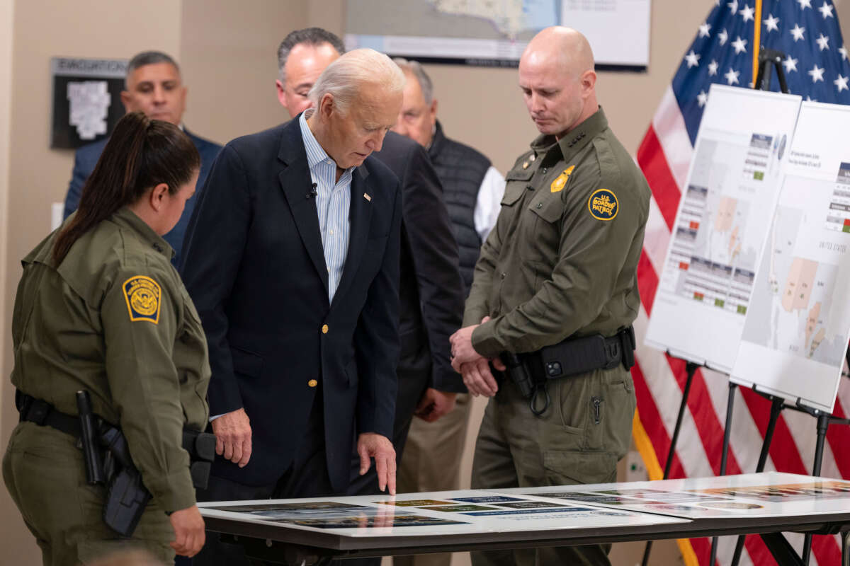 President Joe Biden looks at a presentation about immigration and border security at the Brownsville Station on February 29, 2024, in Olmito, Texas.