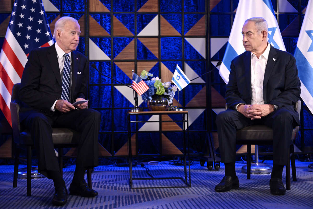 President Joe Biden (left) meets with Israel's Prime Minister Benjamin Netanyahu in Tel Aviv on October 18, 2023.