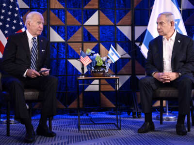 President Joe Biden (left) meets with Israel's Prime Minister Benjamin Netanyahu in Tel Aviv on October 18, 2023.