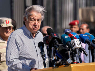 Antonio Guterres, Secretary General of the United Nations, speaks during a press conference in front of the Rafah border crossing on March 23, 2024, in Rafah, Egypt.