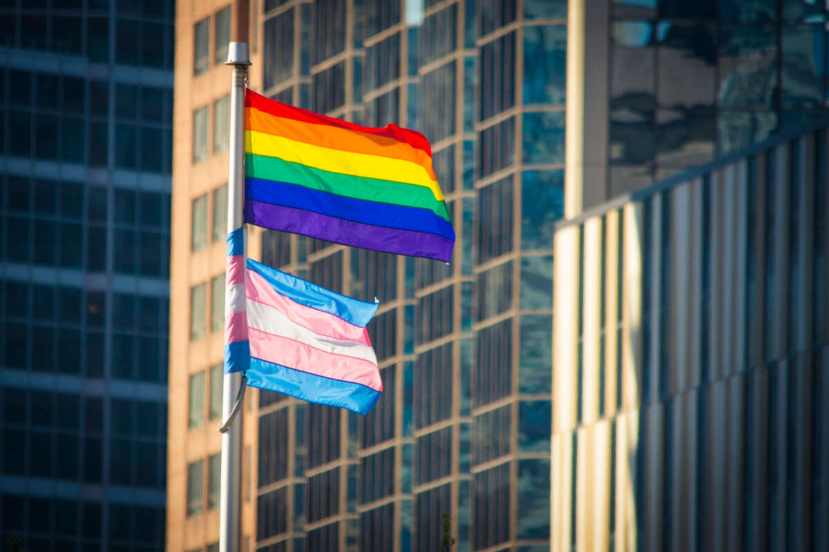 Transgender and LGBTQ pride flags fly in front of buildings