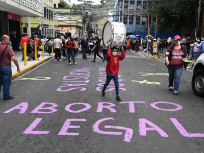 Women march in Tegucigalpa, Honduras, on January 25, 2021, to protest against Congress strengthening the constitutionally mandated ban on abortion and against murders due to male violence.
