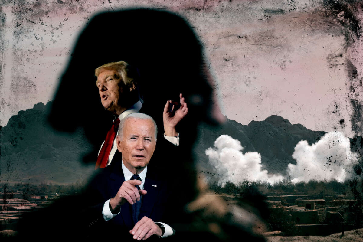 Photo collage with former President Donald Trump and President Joe Biden are pictured with a soldier in Afghanistan observing explosions