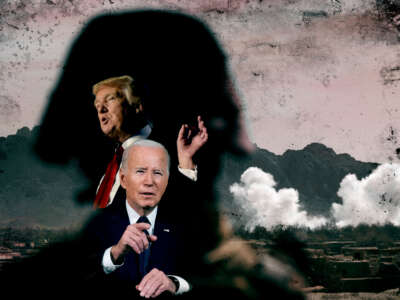 Photo collage with former President Donald Trump and President Joe Biden are pictured with a soldier in Afghanistan observing explosions