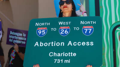 A protester holds a sign displaying different highway routes to get reproductive care during an outdoor protest