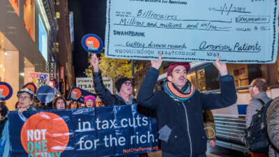 A protester holds up an oversized prop check made out to "billionaires" to the tune of "millions and millions" and signed for by "American Patients" during an outdoor protest