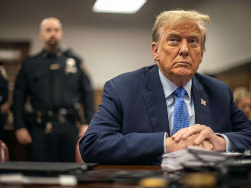 Former President Donald Trump appears in court during his trial for allegedly covering up hush money payments at Manhattan Criminal Court on April 26, 2024, in New York City.