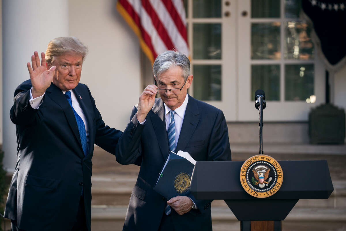 Then-President Donald Trump waves after introducing his nominee for the chairman of the Federal Reserve Jerome Powell during a press event in the Rose Garden at the White House, on November 2, 2017, in Washington, D.C.
