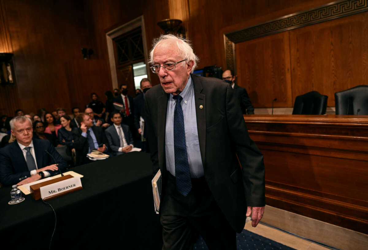 Chairman Sen. Bernie Sanders arrives for a Senate Health, Education, Labor, and Pensions hearing at the Dirksen Senate Office Building on February 8, 2024, in Washington, D.C.