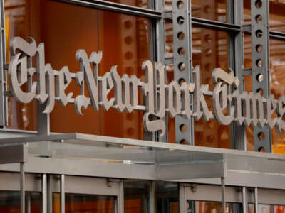 The corporate logo for the New York Times is displayed on the front of their building on 8th Avenue on December 30, 2023, in New York City.