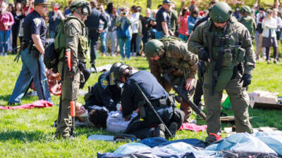Dozens of people are arrested by the Indiana State Police riot squad during a pro-Palestinian protest on campus in Bloomington, Indiana, on April 25, 2024.