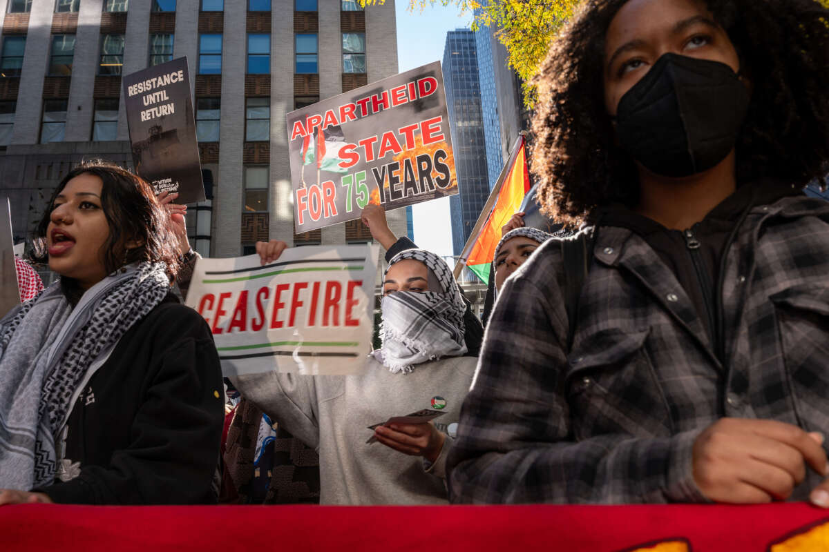 City University of New York (CUNY) students and other supporters of Palestine hold a rally in front of the chancellor's office in midtown Manhattan on November 2, 2023, in New York City.