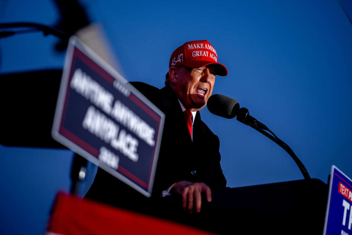 Former President Donald Trump speaks at a campaign rally outside Schnecksville Fire Hall on April 13, 2024, in Schnecksville, Pennsylvania.