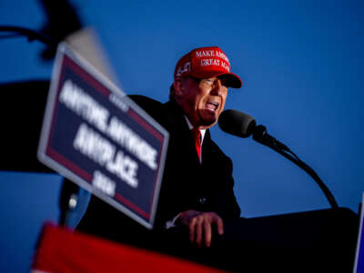 Former President Donald Trump speaks at a campaign rally outside Schnecksville Fire Hall on April 13, 2024, in Schnecksville, Pennsylvania.