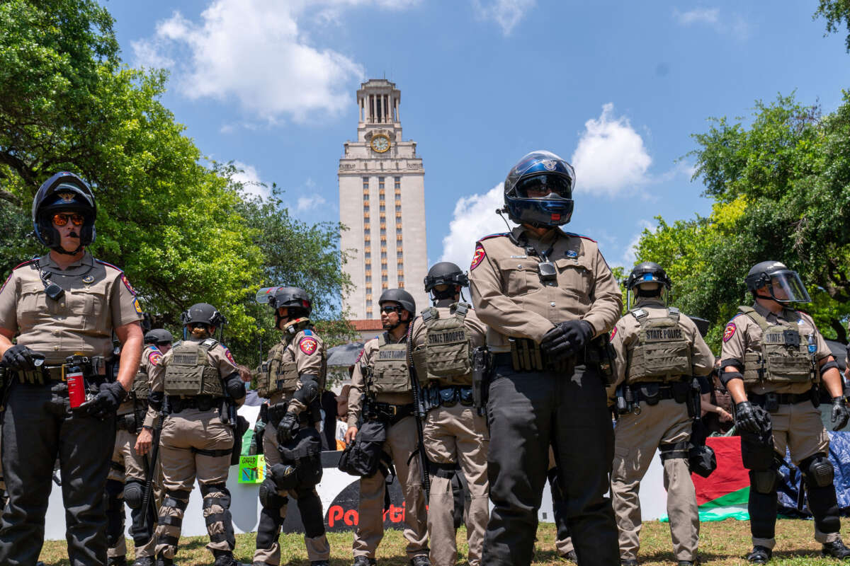 Texas State troopers stand guard during pro-Palestinian protests against Israel's continuing genocidal onslaught in Gaza, at the University of Texas in Austin, Texas, on April 29, 2024.