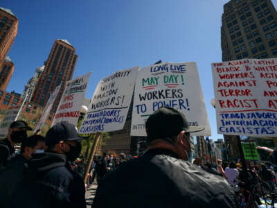 Protesters and workers gather at the Union Square Park to mark International Labor Day in New York City on May 1, 2021.
