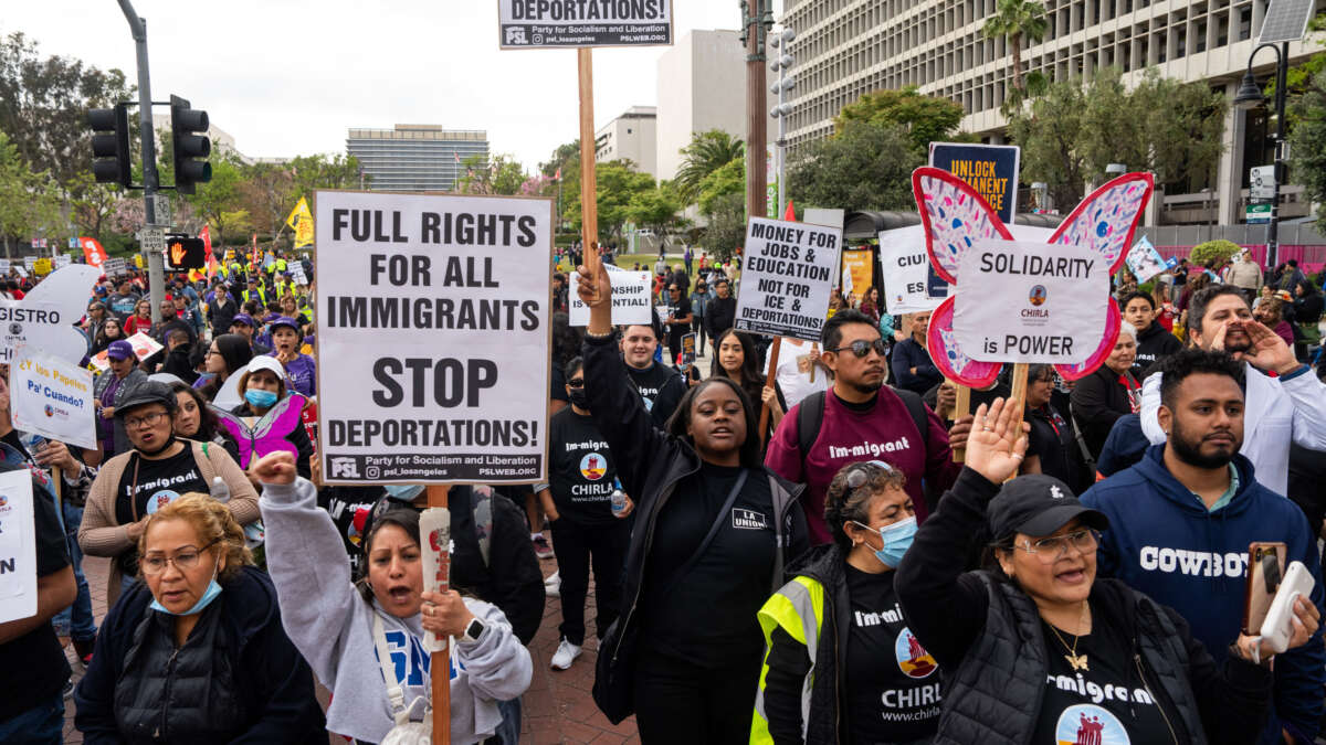 Demonstrators march and rally to mark International Workers' Day, also known as May Day, on May 1, 2023, in Los Angeles, California.
