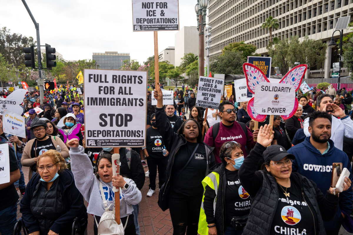 Demonstrators march and rally to mark International Workers' Day, also known as May Day, on May 1, 2023, in Los Angeles, California.