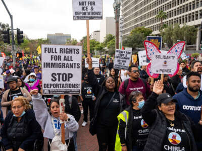 Demonstrators march and rally to mark International Workers' Day, also known as May Day, on May 1, 2023, in Los Angeles, California.