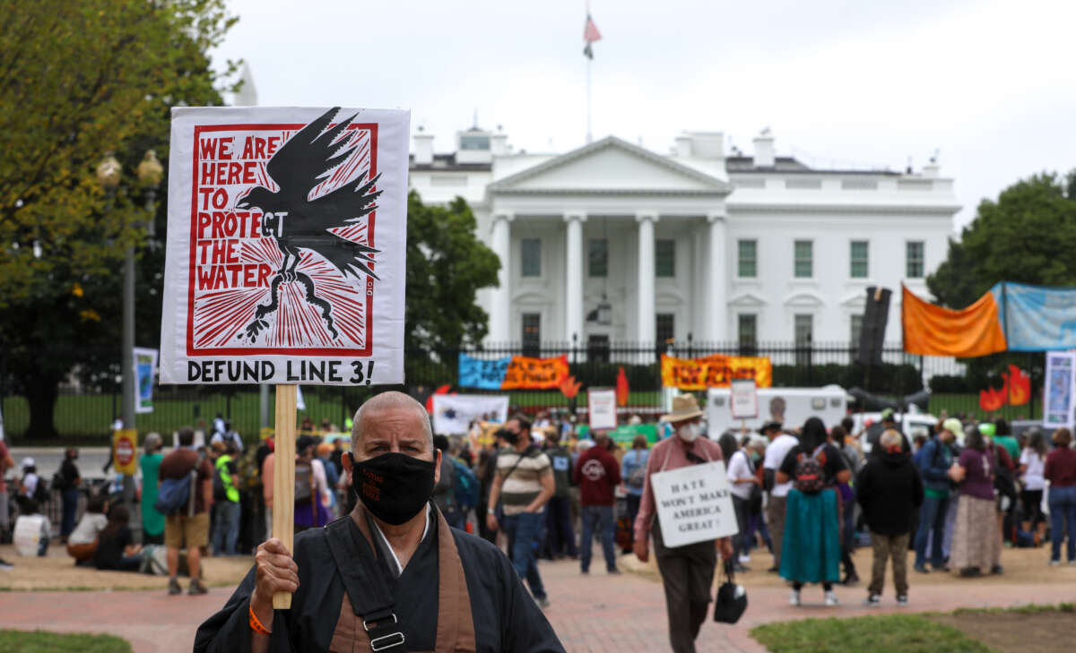 Hundreds of Native Americans and supporters protested the Dakota Access Pipeline at Lafayette Park in front of the White House on October 12, 2021, in Washington D.C.