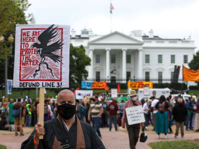 Hundreds of Native Americans and supporters protested the Dakota Access Pipeline at Lafayette Park in front of the White House on October 12, 2021, in Washington D.C.
