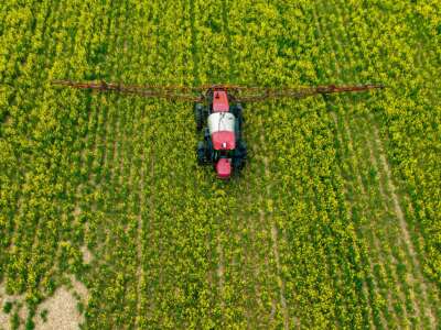 A farmer spreads pesticide on a field in Centreville, Maryland, on April 25, 2022.