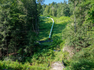 A section of the Mountain Valley Pipeline is halted above a wetland area on August 25, 2022, in Ireland, West Virginia.