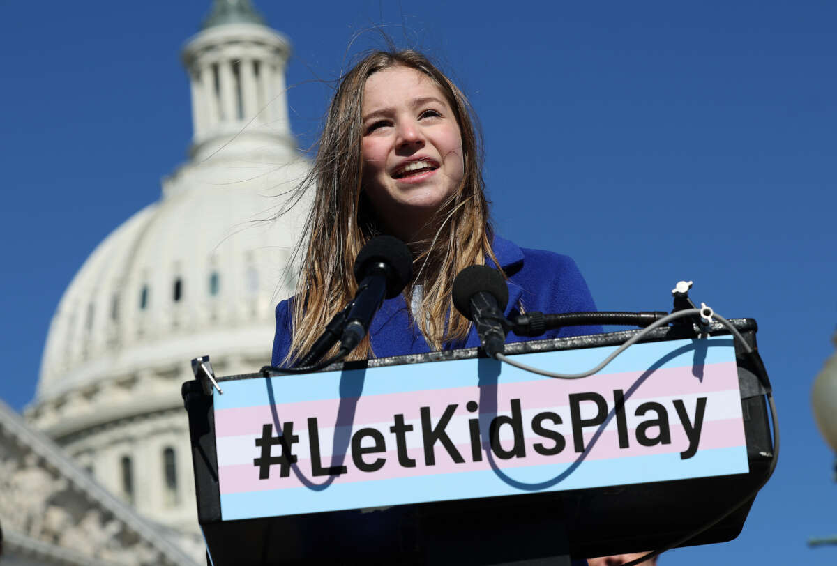 Rebekah Bruesehoff, a transgender student athlete, speaks at a press conference on LGBTQI+ rights, at the U.S. Capitol on March 08, 2023 in Washington, DC.