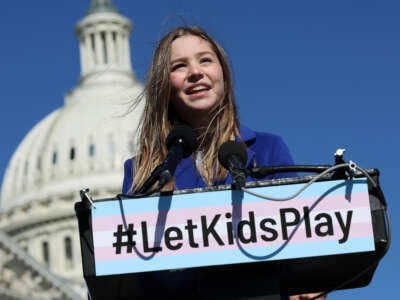 Rebekah Bruesehoff, a transgender student athlete, speaks at a press conference on LGBTQI+ rights, at the U.S. Capitol on March 08, 2023 in Washington, DC.
