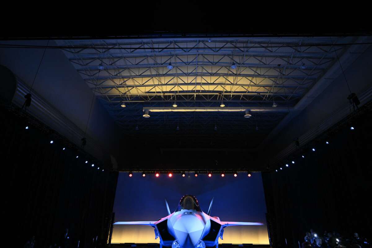 F35 fighter aircraft is displayed during a visit to the Lockheed Martin aerospace and defense company in Fort Worth, Texas, on December 10, 2023.