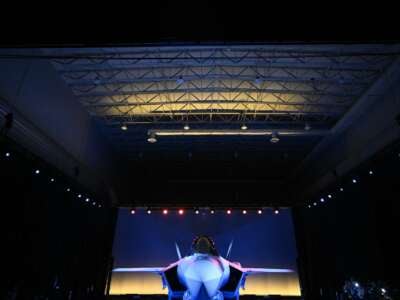 F35 fighter aircraft is displayed during a visit to the Lockheed Martin aerospace and defense company in Fort Worth, Texas, on December 10, 2023.