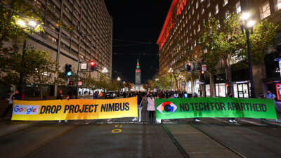 Demonstrators, including Google workers, gather in front of Google's San Francisco offices and shut down traffic around One Market Plaza, demanding an end to Google's work with the Israeli government and to protest Israeli attacks on Gaza, in San Francisco, California, on December 14, 2023.