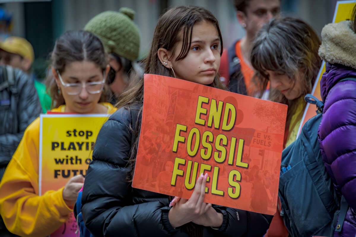 Climate activists marched down 6th Avenue in Manhattan days after a report exposed the 35 different insurance companies supporting oil and gas projects across the U.S. Gulf South, on February 27, 2024, in New York City, New York.