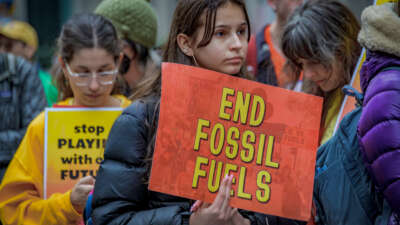 Climate activists marched down 6th Avenue in Manhattan days after a report exposed the 35 different insurance companies supporting oil and gas projects across the U.S. Gulf South, on February 27, 2024, in New York City, New York.