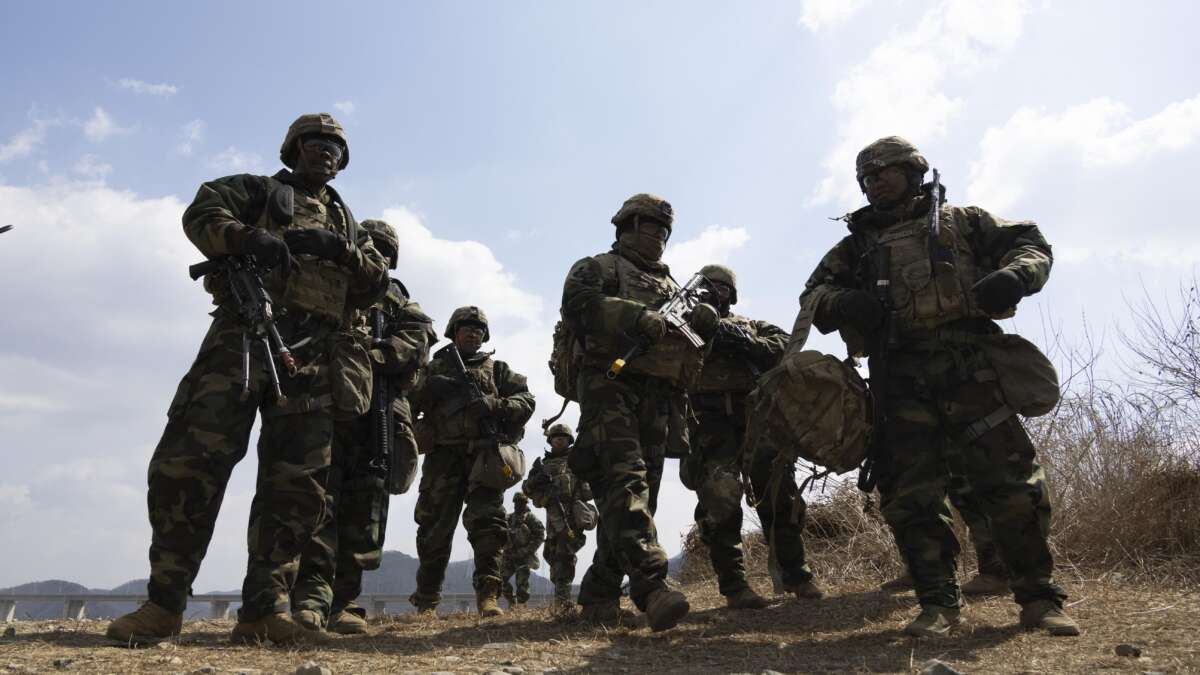 South Korean and U.S. soldiers conduct a joint river-crossing exercise in Yeoncheon, Gyeonggi province, on March 20, 2024.