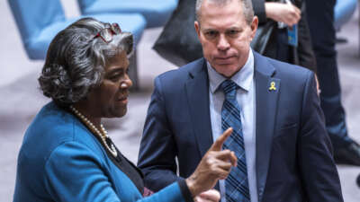 U.S. Ambassador to the United Nations Linda Thomas-Greenfield talks to Permanent Representative of Israel to the United Nations Gilad Erdan after voting on a U.S. ceasefire resolution for the Gaza war during a UN Security Council meeting at the United Nations headquarters on March 22, 2024, in New York City.