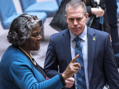 U.S. Ambassador to the United Nations Linda Thomas-Greenfield talks to Permanent Representative of Israel to the United Nations Gilad Erdan after voting on a U.S. ceasefire resolution for the Gaza war during a UN Security Council meeting at the United Nations headquarters on March 22, 2024, in New York City.