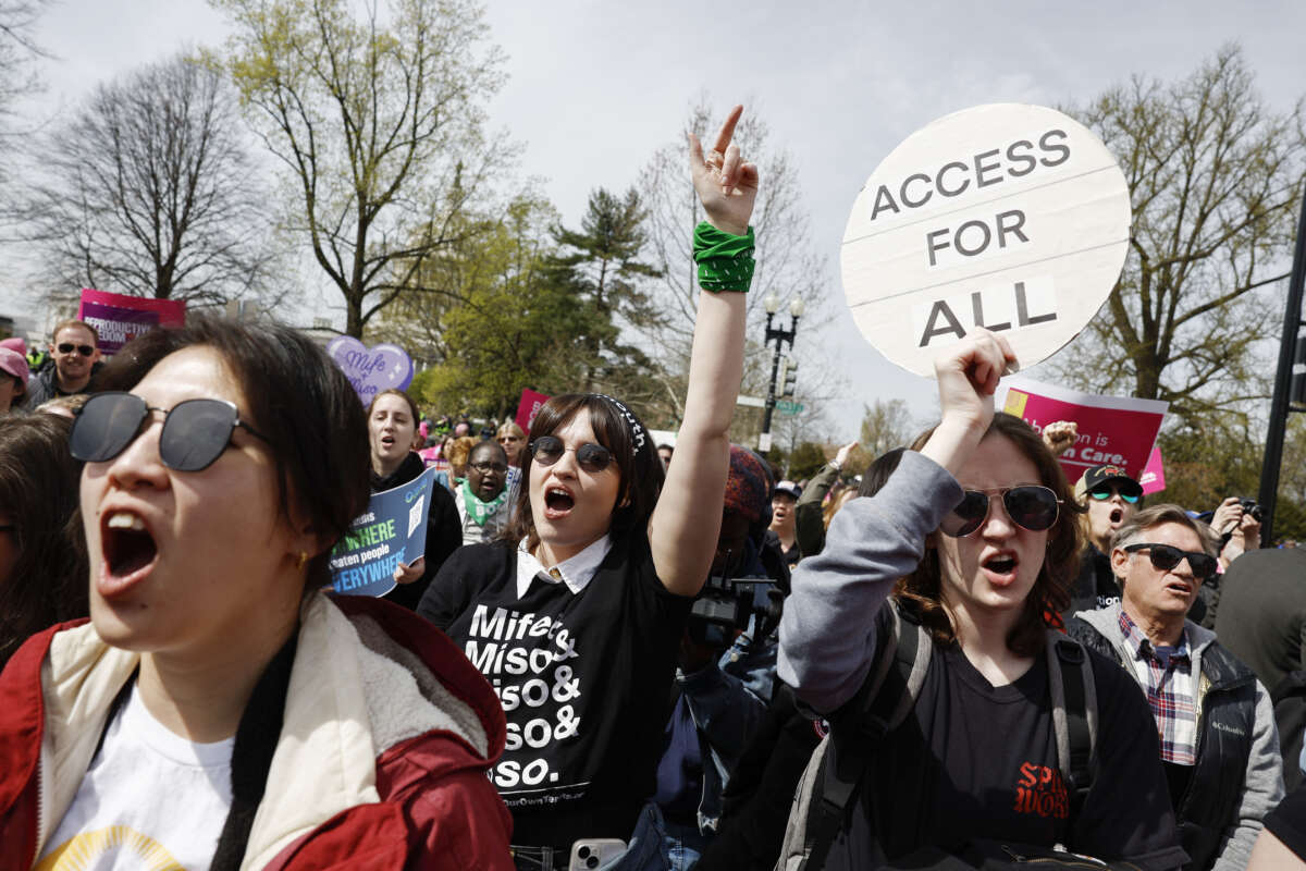 Demonstrators participate in an abortion-rights rally outside the Supreme Court as the justices of the court hear oral arguments in the case of the U.S. Food and Drug Administration v. Alliance for Hippocratic Medicine on March 26, 2024, in Washington, D.C.