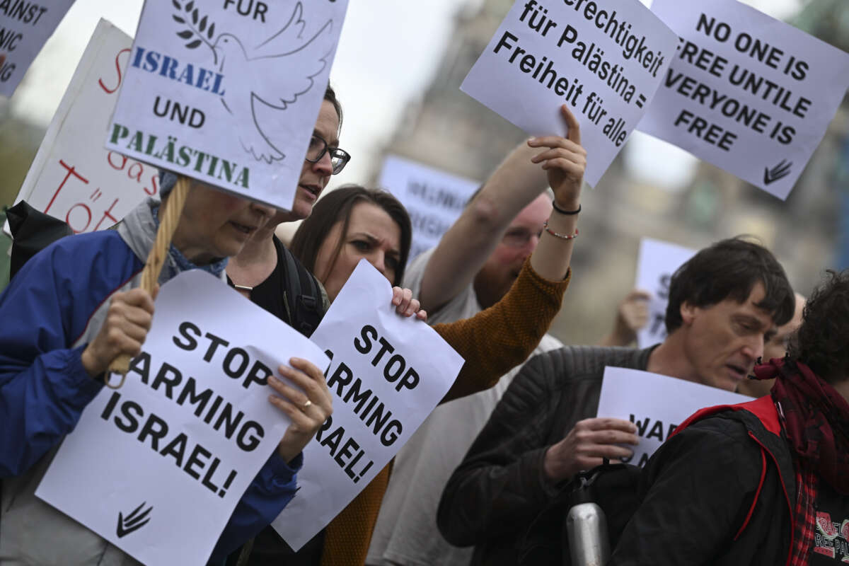 Israelis gather for a demonstration to call for a ceasefire in the Gaza Strip on April 5, 2024, in Berlin, Germany.