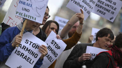 Israelis gather for a demonstration to call for a ceasefire in the Gaza Strip on April 5, 2024, in Berlin, Germany.