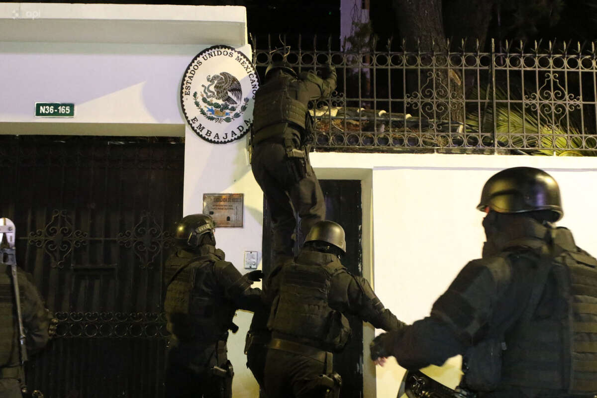 Ecuadorian police special forces breaking into the Mexican embassy in Quito to arrest Ecuador's former Vice President Jorge Glas, on April 5, 2024.
