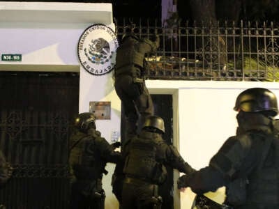 Ecuadorian police special forces breaking into the Mexican embassy in Quito to arrest Ecuador's former Vice President Jorge Glas, on April 5, 2024.